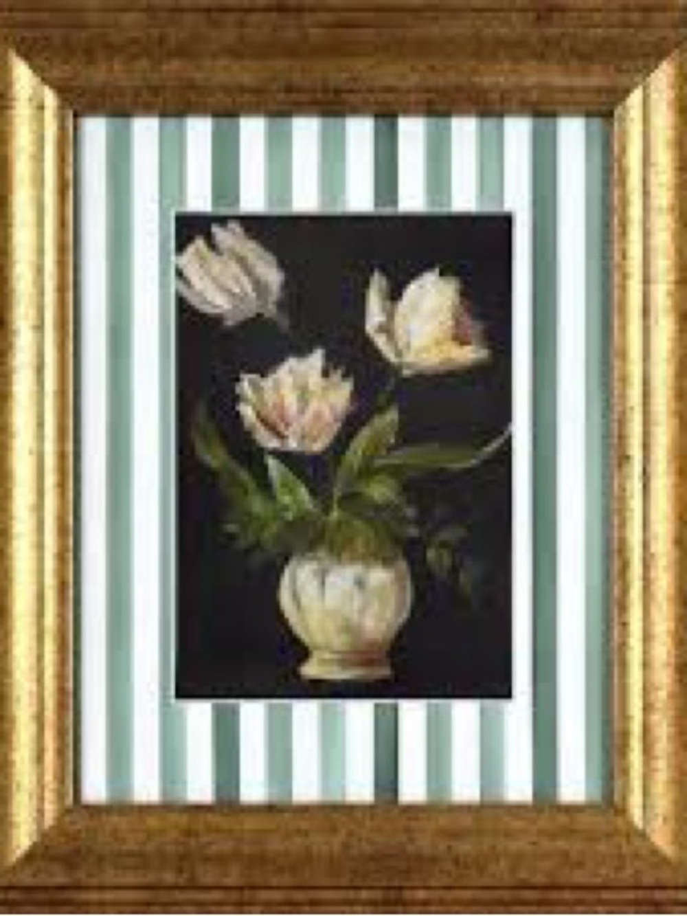 Moody Tulips with Watercolor Stripes Pine Green Vintage Antique Frame 10x12